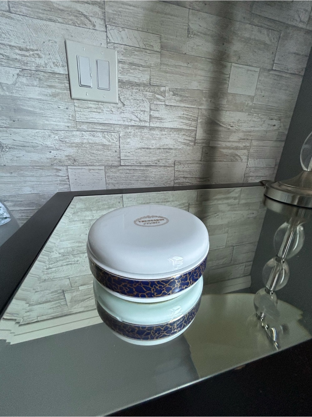 Trussardi White Porcelain Trinket Box with Blue and Gold Band